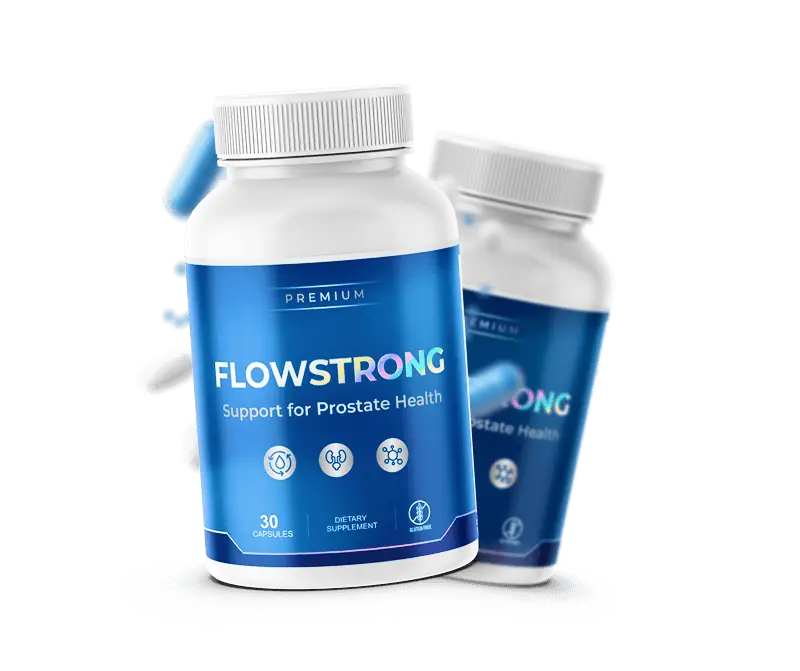 FlowStrong bottle surrounded by saw palmetto, pumpkin seed, tomato and other natural ingredients